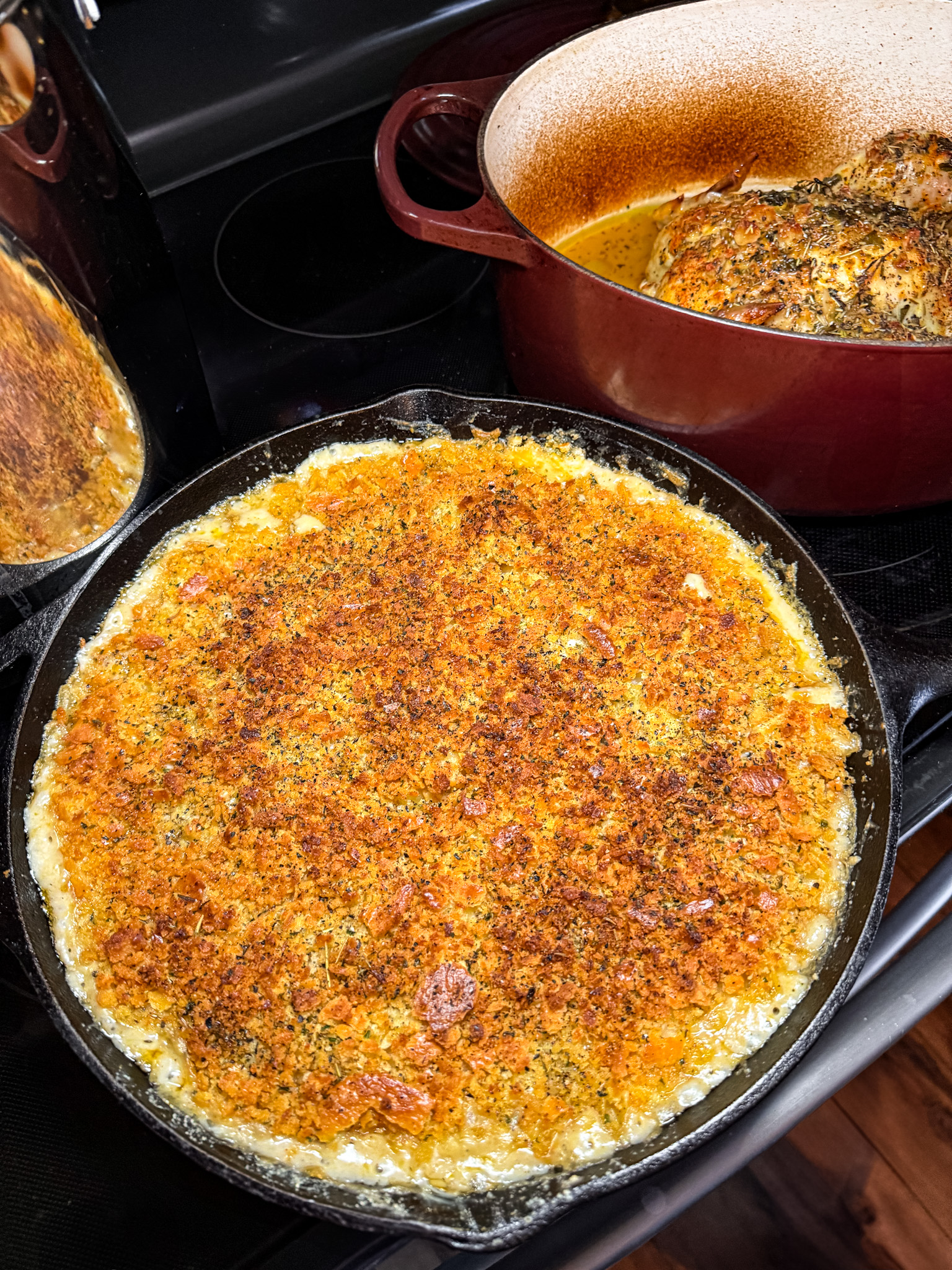 Golden-brown skillet mac and cheese with a crispy topping and creamy center, freshly baked and ready to serve.